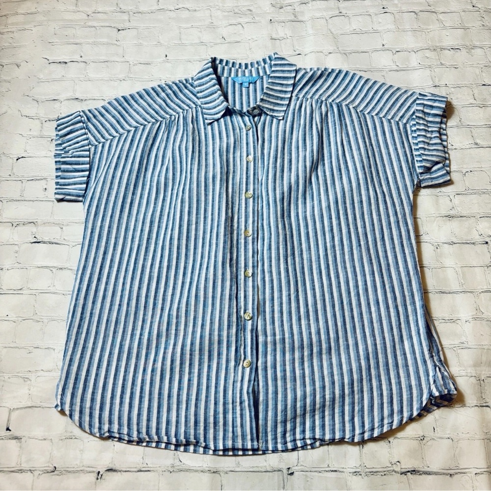 Draper James RSVP Womens Size S Linen Cotton Top Blue Striped Button Down Preppy - Picture 7 of 11
